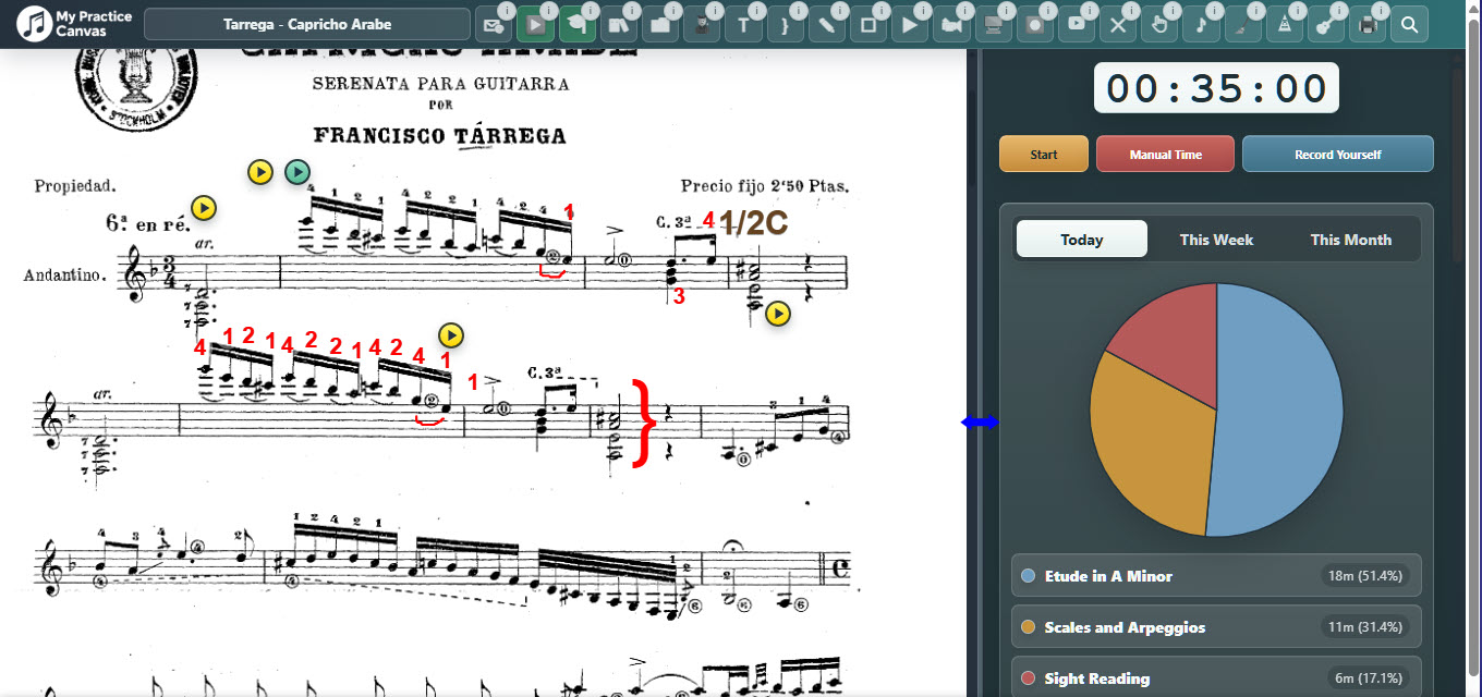 My Practice Canvas score workspace with annotations, lesson loops, and practice tracking