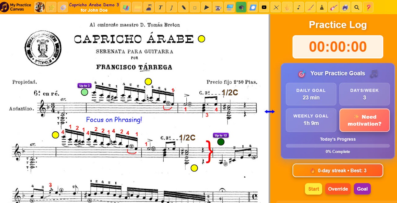 My Practice Canvas score workspace with annotations, lesson loops, and practice tracking