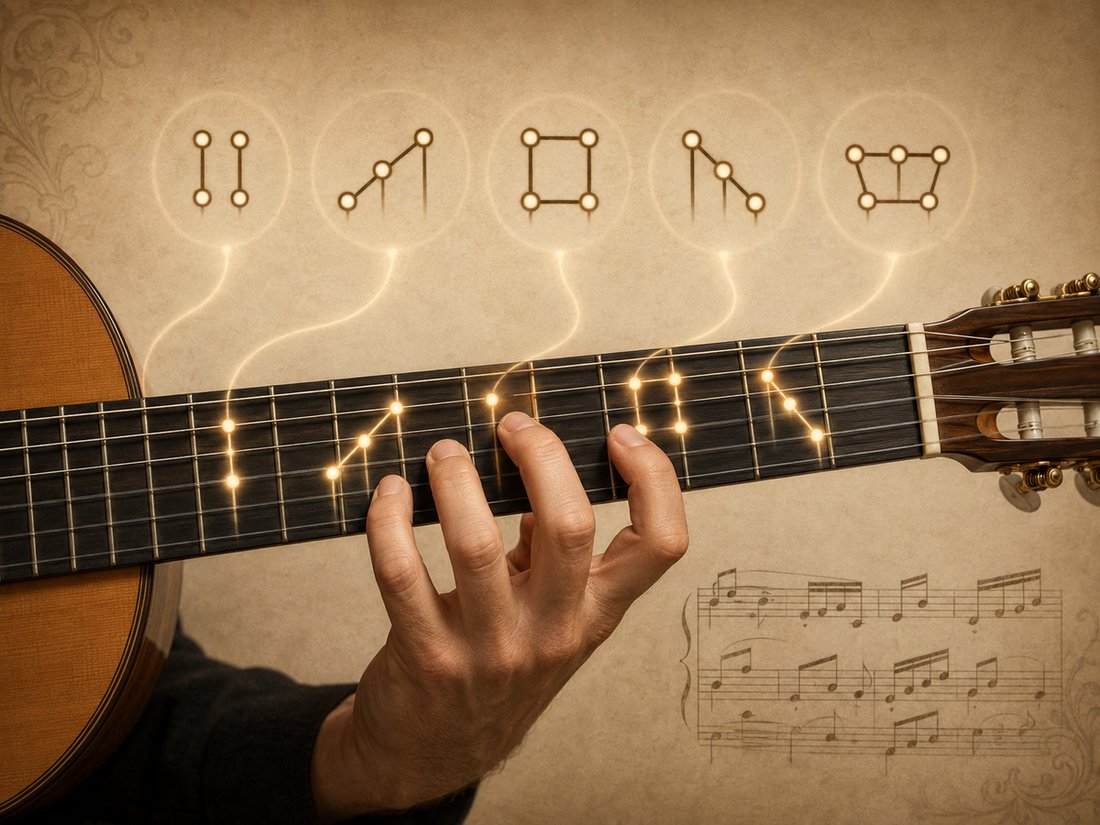 A relaxed hand resting on the fretboard