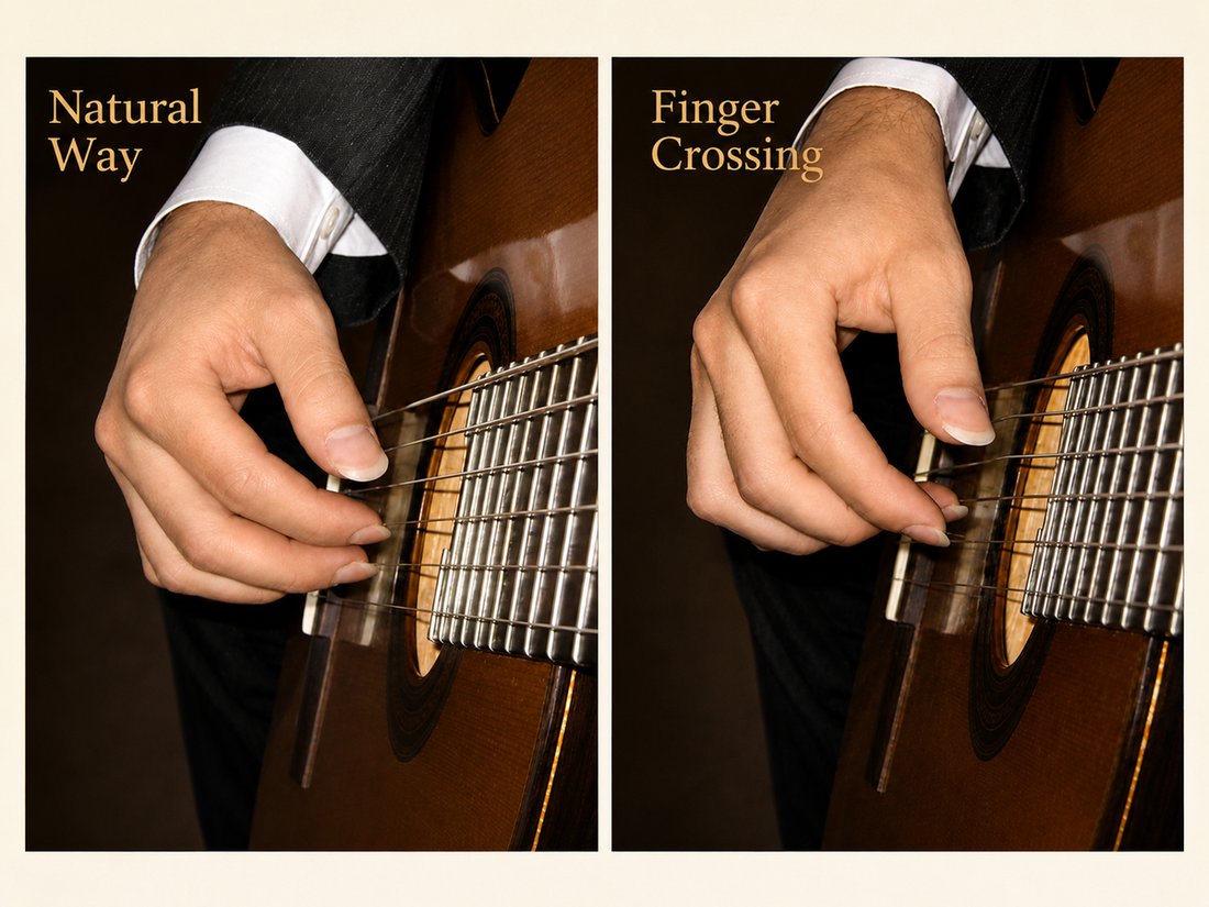 Close-up of the left hand seating a note on the strings