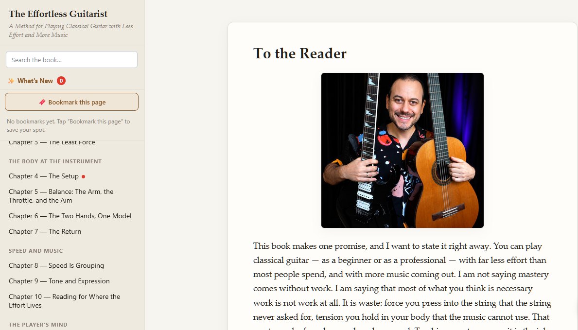 The book open in a web browser: the chapter list with search, bookmarks and What's New on the left, and the opening page, To the Reader, with a photo of Dr. Costa holding an electric and a classical guitar